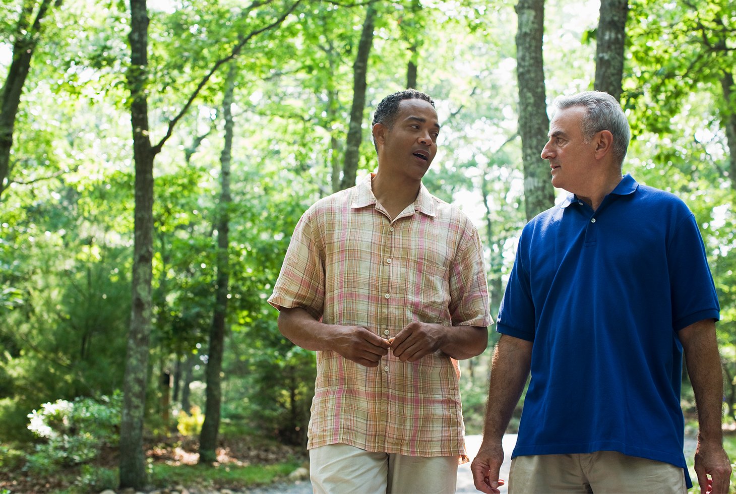 Deux hommes discutant lors d’une promenade en forêt